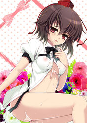 1girls bare_legs black_hair bottomless breasts brown_hair cum cum_on_body cum_on_upper_body dress_shirt erect_nipples female hanao_(kuma-tan_flash!) hat no_bra open_clothes open_shirt pussy_juice red_eyes see-through shameimaru_aya shirt short_hair solo tokin_hat tongue touhou underboob