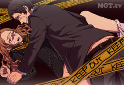 age_difference ass_cleavage belt blazer brown_eyes brown_hair butt_crack caution_tape female formal grin konishi_saki panties panties_around_one_leg panties_aside pencil_(enpitsu) persona persona_4 police police_officer rape restrained scared school_uniform serafuku sex smile suit tohru_adachi underwear wrist_grab