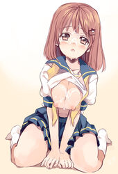 1girls :o amezawa_koma breast_squeeze breasts breasts_out brown_eyes brown_hair cleavage cum cum_on_body cum_on_breasts cum_on_upper_body facial female hair_ornament hairclip large_breasts nipples open_mouth original puffy_nipples school_uniform shirt_lift sitting skirt socks solo wariza