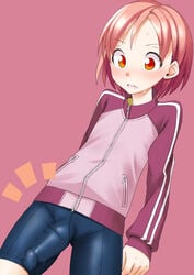 1futa bike_shorts blush brown_eyes bulge flat_chest futa_only futanari gap highres intersex jacket looking_down open_mouth original penis pink_hair short_hair skin_tight solo sweatdrop track_jacket