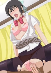 1boy 1girls black_hair bleach bra breasts bun_hair female hinamori_momo kh-fullhouse male nipples open_clothes open_shirt panties_aside penis school_uniform sex uncensored underwear wink