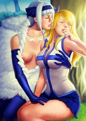 2girls angel_(fairy_tail) bangs bare_shoulders biting blonde_hair blue_elbow_gloves blue_gloves blue_long_gloves blue_skirt blue_socks blush breasts cleavage closed_eyes elbow_gloves fairy_tail feathers female female_only gloves grabbing grass hair_ribbon hatoko-sama human large_breasts long_gloves long_hair lucy_heartfilia multiple_females multiple_girls nature nipples open_mouth pleated_skirt realistic ribbon short_hair skirt small_breasts socks sorano_aguria source_request tattoo thigh_socks thighhighs thighs tree vest white_hair wings yuri