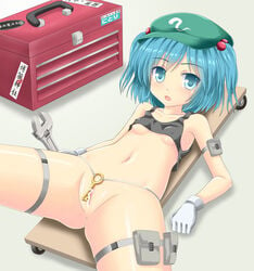 1girls anus blue_eyes blue_hair blush bottomless breasts censored erect_nipples female gloves hair_bobbles hair_ornament hat highres key nitori_kawashiro noveske_n4 open_mouth pussy shirt_lift short_hair solo thigh_strap tied_hair toolbox tools touhou twintails underboob wrench young