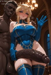 1boy 1girl abs ai_generated artist_name artoria_pendragon artoria_pendragon_(fate) artoria_pendragon_(lancer) artoria_pendragon_(lancer)_(fate) ass_visible_through_thighs bare_shoulders blonde_hair blue_eyeshadow blue_gloves blue_leotard blue_thighhighs blush braid breasts cleavage cleavage_cutout closed_mouth clothed_female_nude_male clothing clothing_cutout covered_navel crown dark-skinned_male dark_skin elbow_gloves erection fate/grand_order fate_(series) female french_braid gloves green_eyes hair_between_eyes hetero highleg highleg_leotard huge_penis huge_testicles indoors interracial large_breasts large_penis large_testicles legwear leotard long_hair looking_at_viewer makeup male muscular muscular_male navel nude penis precum sidelocks sleeveless sleeveless_turtleneck sleeveless_turtleneck_leotard smile sweat testicles thick_thighs thighhighs thighs turtleneck turtleneck_leotard twitter_username vantawaifu veins veiny_penis very_dark_skin waving