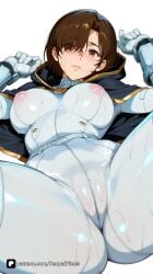 1girl ai_generated artist_name ass bangs belt blue_capelet blush bodysuit breasts brown_eyes brown_hair cameltoe closed_mouth covered_nipples evie_(stellar_blade) freckles gloves hair_over_one_eye hood large_breasts lips looking_at_viewer lying nipples on_back patreon questionable scar see-through shift_up shiny short_hair simple_background skin_tight solo spread_legs stellar_blade stellar_blade:_blood_rain sweat white_background white_bodysuit white_gloves