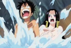 1boy 1girls accurate_art_style ai_generated bathroom black-haired_female black-haired_male black_hair boa_hancock comic comic_page earrings empress luffy male/female mature mixed_bathing monkey_d_luffy nude one_piece onsen pre-timeskip water