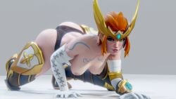 3d alternate_costume breasts crawling female freckles freja_(overwatch) overwatch red_hair still_image tattoo