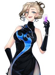 artist_request champagne champagne_flute closers clothed clothing gloves harpy_(closers) large_breasts mole_under_eye png thick thick_thighs transparent_background