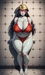 1girl ai_generated barefoot black_hair blush bra breasts choker cleavage colored_skin cum cum_on_body cum_on_breasts curvy elemental_hero_burstinatrix facial full_body green_eyes helmet huge_breasts long_hair looking_at_viewer navel panties red_bra red_panties self_upload solo thick_thighs thighs underwear underwear_only white_skin