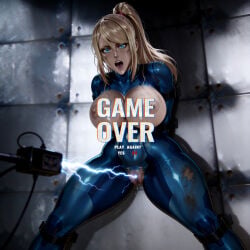 arms_behind_back attitude_adjustment bdsm big_breasts big_eyes blonde blonde_female blonde_hair blonde_hair_female blue_clothing blue_eyes bondage captured captured_female captured_hero captured_heroine damsel_in_distress electric_shock electric_sparks electricity electricity_play electrocution electronics electrostimulation english_text exposed_breasts exposed_nipples exposed_pussy game_over game_over_screen motion_blur ponytail ponytail_female punishment pussy_torture samus samus_aran screaming screaming_in_pleasure secretly_loves_it shocked_expression skintight skintight_bodysuit skintight_clothes skintight_clothing skintight_suit strapped tight_clothing whip wide_hips zero_suit zero_suit_samus