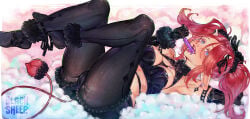black_gloves black_legwear black_shorts black_topwear blacksheepdraws cameltoe gloves gothic gothic_girl gothic_lolita horns ice_cream lyr original original_character purple_eyes red_hair sheep sheep_horns shorts small_breasts succubus tail tongue_out topwear two_ponytails