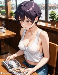 1girls ai_generated book breasts cafe casual casual_nudity cleavage coffee coffee_mug covered_nipples cup denim encoder female indoors jeans no_bra public public_exposure public_nudity reading reading_book short_hair sitting sleeveless sleeveless_shirt t-shirt table tomboy window