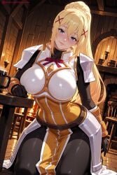 1girl ai_generated armor armored_dress blonde_hair blue_eyes blush bodysuit breastplate breasts darkness_(konosuba) green_eyes hair_ornament hi_res high_quality high_resolution kiraamane kono_subarashii_sekai_ni_shukufuku_wo! large_breasts long_hair looking_at_viewer patreon ponytail seductive sexy shoulder_armor smile solo uncensored watermark x_hair_ornament