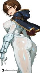1girl ai_generated artist_name ass bangs blush breasts brown_eyes brown_hair cape covered_nipples evie_(stellar_blade) gloves hair_over_one_eye hood large_breasts looking_at_viewer looking_back nipples open_mouth patreon questionable see-through shift_up short_hair simple_background solo stellar_blade stellar_blade:_blood_rain thighs tight tongue tongue_out wet wet_clothes white_background