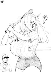! !! 1boy 1girl artist_name ball bangs_pinned_back baseball_(sport) baseball_bat baseball_cap baseball_jersey baseball_uniform breasts collarbone colored_eyelashes eyelashes glasses hat highres holding holding_baseball_bat huge_breasts inconvenient_breasts inne_sulistya_robin jersey long_hair monochrome norman_maggot open_clothes open_mouth original short_shorts short_sleeves shorts signature sportswear sweatdrop teeth thighs tongue upper_teeth_only