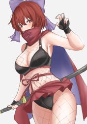 1girl 1girls armpits arms_up bare_arms bare_shoulders belly belly_button big_breasts bikini bikini_bottom bikini_top black_bikini black_bra black_gloves black_panties blue_bow blue_bowtie blue_ribbon bow bowtie bra breasts cape cleavage cloak covered_mouth cowboy_shot fingerless_gloves fishnet_stockings fishnets from_below gloves hair_between_eyes hair_bow half-closed_eyes half-dressed half_naked half_naked_female half_nude half_nude_female hand_up holding_sword katana kuraki large_breasts looking_at_viewer looking_down looking_down_at_viewer micro_skirt mouth_covered navel ninja panties red_cape red_cloak red_eyes red_hair ribbon sekibanki shinobi short_hair skirt solo solo_female solo_focus stomach swimsuit sword thick_thighs thighs touhou wide_hips wide_thighs