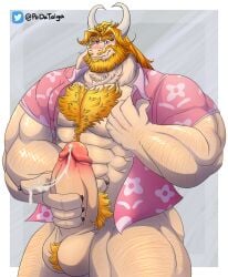 anthro asgore_dreemurr balls bara barazoku beard boner caprine chest_hair deltarune erection facial_hair furry goat horns male male_only masturbation muscles muscular open_clothes open_shirt pantsless penis podataiga shirt solo solo_male undertale white_fur yellow_hair