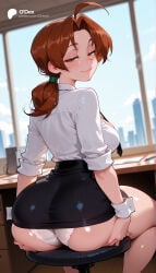 1girl 1girls absurd_res absurdres ahoge ai_generated ass ass_focus ass_grab ass_support back big_ass big_breasts black_necktie black_skirt blue_sky blurred_background blurry blurry_background blush breasts brown_eyes brown_hair cartoon cartoony chair closed_mouth collared_shirt day delia_ketchum_(pokemon) depth_of_field desk female female_focus from_behind grabbing_own_ass half-closed_eyes hi_res high_quality high_resolution highres huge_ass indoors large_ass large_breasts long_hair looking_at_viewer looking_back low_ponytail mature_female miniskirt naughty_face necktie odexai office panties parted_bangs pencil_skirt pokemon pokemon_bw pokemon_sm pokemon_xy ponytail seductive_smile shirt sitting skirt sky sleeves_rolled_up small_waist smile solo solo_focus stool straight thick_thighs thighs thin_waist underwear white_panties wide_hips window wrist_cuffs
