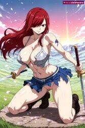 1girl abs ai_assisted ai_generated armor bare_shoulders blue_skirt blush boots breasts brown_eyes brown_footwear cleavage closed_mouth collarbone dual_wielding erza erza_scarlet fairy_tail grass hair_over_one_eye holding holding_sword holding_weapon kneeling large_breasts long_hair looking_at_viewer midriff muscular_female navel no_panties outdoors patreon petals pleated_skirt pussy red_hair skirt sky smile solo stelmazura sword tattoo thighs torn_clothes uncensored weapon