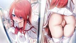 1boy 1girl after_sex after_vaginal against_glass anus ass blue_eyes blush bow bowtie breast_press breasts breasts_on_glass censored clothes_lift cum cum_in_pussy cumdrip game_asset genderswap genderswap_(mtf) hetero kamisama_choose!_sensei_onna_no_ko_niatteru_yo! kurimochi_chizuru long_hair mosaic_censoring okihi_kanae open_mouth panties panty_pull pink_panties pleated_skirt pussy red_bow red_hair shirt skirt skirt_lift thighhighs train_interior underwear white_shirt white_skirt white_thighhighs