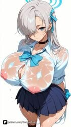 1girl ai_generated artist_name asuna_(blue_archive) asuna_(bunny)_(blue_archive) asuna_(bunny_girl)_(blue_archive) asuna_(school_uniform)_(blue_archive) bangs black_choker black_socks blue_archive blue_bow blue_bowtie blue_eyes blue_skirt bow bowtie breasts button_gap choker cleaning_&_clearing_(blue_archive) cleavage closed_mouth collarbone collared_shirt covered_nipples grey_hair hair_over_one_eye hair_ribbon halo huge_breasts ichinose_asuna kneehighs light_brown_hair long_hair looking_at_viewer millennium_science_school_student nipples no_bra pleated_skirt questionable ribbon school_uniform scrunchie see-through senpai_pixels shirt simple_background skirt socks solo thighs very_long_hair wet wet_clothes wet_shirt white_background white_shirt wrist_scrunchie