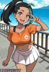 1girl :d ai_generated alternate_costume beach black_hair breasts brokewyt cloud collarbone crop_top dark-skinned_female dark_skin day eyelashes freckles green_hair hi_res high_quality high_resolution highres looking_at_viewer midriff multicolored_hair navel nemona_(pokemon) ocean off_shoulder open_mouth orange_eyes orange_shirt outdoors pleated_skirt pokemon pokemon_sv ponytail shirt short_sleeves skirt sky smile solo streaked_hair teeth tied_shirt two-tone_hair uncensored upper_teeth_only v water white_skirt