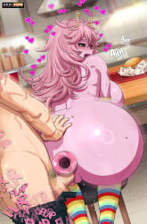 1girl anal anal_object_insertion ashido_mina ass ass_focus blush boku_no_hero_academia boku_no_hero_academia_(finale) bottomless brown_eyes butt_plug closed_mouth clothes_lift commentary crossed_bangs earrings english_commentary feet_out_of_frame floating_earrings from_behind gyaru hair_between_eyes highres huge_ass indoors izuku_midoriya jewelry krabby_(artist) krabbytheartist lips looking_at_viewer looking_back mina_ashido mina_ashido_time-skip my_hero_academia my_hero_academia_(finale) object_insertion patreon_username pink_lips pink_sweater pussy sex_toy short_hair sitting sliding_doors solo sweater sweater_lift variant_set