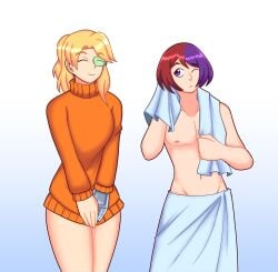 1boy1girl alisha_ahsila blonde_hair bottomless bottomless_female cfnm clothed_female_nude_male orangemint_4444 scouter towel towel_around_neck towel_only two-tone_hair uc-four wearing_others_clothes zixy_oc