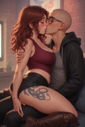 ai_generated boots fingering gabi_kittle hotpants kissing red_hair romantic_couple sole_female tank_top tattoo