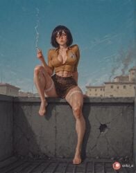 1girl ai_generated aisinful ass attack_on_titan barefoot big_ass big_boobs big_butt black_hair blush breasts butt cigarette cleavage cum electricity female hi_res holding_cigarette large_breasts medium_breasts mikasa_ackerman rooftop shingeki_no_kyojin short_hair sitting smoke smoking solo thick_thighs wall wide_hips
