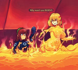 2girls dialogue english_text female female_only goo_creature lava lava_body lava_creature lava_humanoid liquid modeseven monster_girl speech_bubble tagme volcanic_setting