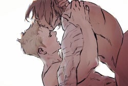 2boys abs arms_up blonde_hair brown_hair bucky_barnes captain_america_(series) closed_eyes from_side groin hand_on_another's_neck hand_on_another's_shoulder implied_sex kiss kissing_forehead lowres male_focus marvel medium_hair multiple_boys nude open_mouth profile prosthesis prosthetic_arm short_sideburns sideburns simple_background steve_rogers white_background yaoi yummyman