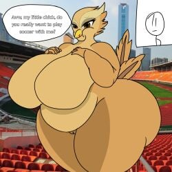 avian belly big_belly big_breasts big_nipples breasts chubby chubby_female female fifa looking_at_viewer madartist912 mommy nipples overweight overweight_female phasianid pheasant slightly_chubby slightly_chubby_female stadium stadium_background tail world_cup