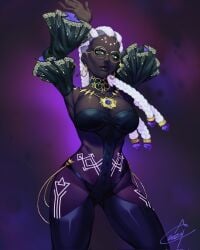 1girls big_breasts bodypaint dark-skinned_female dark_skin dolores_(kof) dress glasses green_eyes huge_breasts king_of_fighters panties purple_hair round_glasses standing thick thick_thighs thighs thong two-tone_hair white_hair