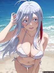 1girl 86_-eightysix- ai_generated beach bending_forward big_breasts bikini blush cleavage fur_bikini grey_eyes grey_hair hair_in_wind hand_in_hair long_hair looking_at_viewer mouth_open ocean omega_weirdo patreon pose posing red_hair sand seductive_pose smile smiling solo solo_focus vladilena_millize waves windy