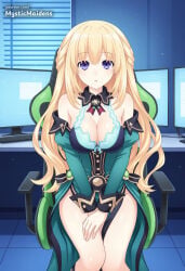 1girl ai_generated anime anime_style bare_shoulders blonde_hair blue_eyes braid breasts chair cleavage computer cpu_(neptunia) detached_sleeves dress green_heart_(neptunia) hentai hi_res hyperdimension_neptunia large_breasts long_hair looking_at_viewer mystic_maidens neptunia_(series) open_mouth patreon sitting solo vert vert_(neptunia)