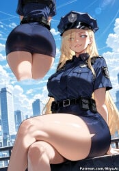 1girl ai_assisted ai_generated ass belt blonde_hair blue_eyes blue_sky blush breasts city cloud crossed_legs cuffs curvaceous curvy curvy_female curvy_figure day female from_below handcuffs hat large_breasts lips long_hair looking_at_viewer miniskirt miyuai mole multiple_views naruto naruto_(series) outdoors pantylines parted_lips peaked_cap pencil_skirt police police_hat police_uniform policewoman sitting skirt sky smile thick thick_ass thick_butt thick_hips thick_legs thick_thighs thighs uniform voluptuous voluptuous_female wide_hips wide_thighs yamanaka_ino
