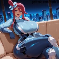 1girl 1girls ai_generated big_ass big_breasts blue_bodysuit blue_eyes bodysuit cityscape curvaceous curvy curvy_body curvy_female curvy_figure dark-skinned_female hair_ornament hips hotel_room huge_ass huge_breasts large_ass large_breasts living_room notix pokemon red_hair relaxing sci-fi science_fiction sitting sitting_on_couch skyla_(pokemon) tan-skinned_female tan_skin tanned_skin thick thick_thighs thighs wide_hips