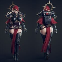 1girls 3d 3d_(artwork) armor armored_female big_breasts high_heels hood light-skinned_female pauldrons purple_eyes ryanreos scar short_hair sister_of_battle solo solo_female thighs warhammer_(franchise) warhammer_40k white_hair wide_hips