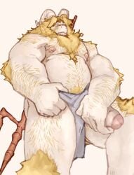 anthro asgore_dreemurr balls bara barazoku beard body_hair boner caprine deltarune erection facial_hair furry goat horns male male_only muscles muscular penis solo solo_male tusskor undertale white_fur yellow_hair