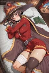 1girl ai_generated bandaged_leg bandages bed belt black_belt black_gloves black_hair black_legwear blush breasts brown_hair cape choker dress fingerless_gloves gloves hat hi_res high_quality high_resolution kono_subarashii_sekai_ni_shukufuku_wo! looking_at_viewer loose_belt lying megumin on_bed on_side patreon pillow red_dress red_eyes savvyraexo seductive sexy short_dress short_hair single_thighhigh smile solo thighhighs uncensored watermark witch_hat