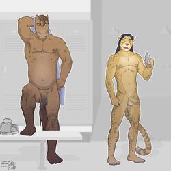 abs anthro armpits biceps black_hair blue_eyes brown_hair cheetah equine erection fangs feline flaccid fur furry gay hair horse horsecock humanoid_penis locker_room long_hair male muscles nipple_piercing nude open_mouth orange_eyes overweight pecs penis piercing smile superslickslasher teeth testicles towel uncut