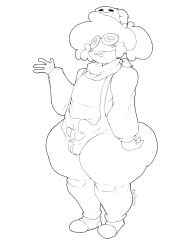 1boy 2d 2d_(artwork) 2d_artwork bulge coke-bottle erection_under_clothes femboy femboy_only full_body glasses greyscale hand_up hat jelitrixx lineart male_focus monochrome overalls round_eyewear scketch simple_background smile solo standing thick_thighs thighs