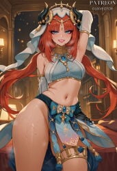 1girl ai_generated arm_behind_head arm_up armpits artist_name bangs bare_shoulders blue_eyes blue_skirt blush bracer breasts brooch circlet clothing cowboy_shot crop_top detached_sleeves duxvector fake_horns female gem genshin_impact grin hair_ornament harem_outfit horns indoors jewelry long_hair long_sleeves looking_at_viewer low_twintails makeup medium_breasts midriff navel neck_ring nilou_(genshin_impact) no_panties parted_lips pelvic_curtain presenting_armpit red_hair red_lips skirt smile solo steaming_body stomach sweat thighlet thighs twintails veil white_headwear white_sleeves white_veil