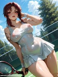 1girl ai_generated arlequin097 arm_tattoo bare_shoulders black_lagoon blue_sky blush breasts brown_eyes brown_hair cleavage cloud collarbone covered_navel covered_nipples day dress dutch_angle holding large_breasts lips long_hair looking_at_viewer nipples open_mouth outdoors racket red_hair revy revy_(black_lagoon) see-through short_dress shoulder_tattoo sky sleeveless solo sportswear sweat tattoo tennis_ball tennis_racket tennis_uniform thighs tight_dress tree tribal_tattoo wet wet_clothes white_dress wristband