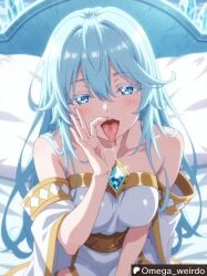 1girl ai_generated bed bedroom blush dress drooling elfaria_albis_serfort fellatio_gesture gesture gesturing_at_viewer inviting inviting_to_sex light_blue_eyelashes light_blue_eyes light_blue_hair long_hair looking_at_viewer medium_breasts mouth_open omega_weirdo patreon seductive_pose sitting solo solo_focus sticking_out_tongue wistoria:_wand_and_sword