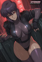 1girls ai_generated artoonizer ass belt big_ass big_breasts breasts female female_focus female_only gauntlets ghost_in_the_shell handwear jacket kusanagi_motoko large_breasts legs_together leotard light-skinned_female light_skin looking_at_viewer narrow_waist neon neon_lights outdoors parted_lips patreon patreon_username posing purple_hair rain raining red_eyes shiny_skin short_hair smile smirk solo solo_female solo_focus standing thick_thighs thighhighs tight_clothing viewed_from_above