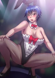 1girls aged_up blue_hair breasts cleavage fishnets nisekoi playboy_bunny rabbit_ear_hairband short_hair squatting tsugumi_seishirou