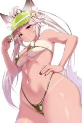 1girls ahoge baseball_cap black_nails brown_eyes fox_ears fox_girl fox_tail furry_female golden_bikini golden_week grey_hair indie_virtual_youtuber lewd shirahiko_(vtuber) smug_face solo tan_body tan_lines thick_eyebrows thighs virtual_youtuber vtuber