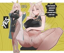 1girl alternate_breast_size_(larger) animal_ears arknights bar_censor black_dress black_pantyhose border breasts cat_ears cat_girl censored china_dress chinese_clothes commentary dress english_text green_background grey_hair highres impersonation implied_hetero kal'tsit_(arknights) large_breasts looking_at_viewer midriff navel nuggetkouhai pantyhose pretends_to_be_someone_else priestess_(arknights) pussy short_hair spread_legs white_border